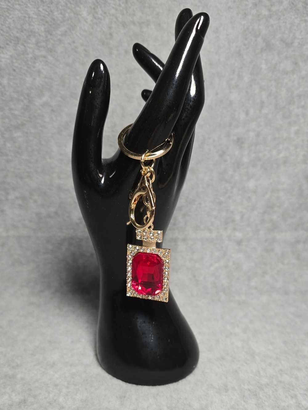 Gold Keychain Charm with Red Gem and Rhinestones